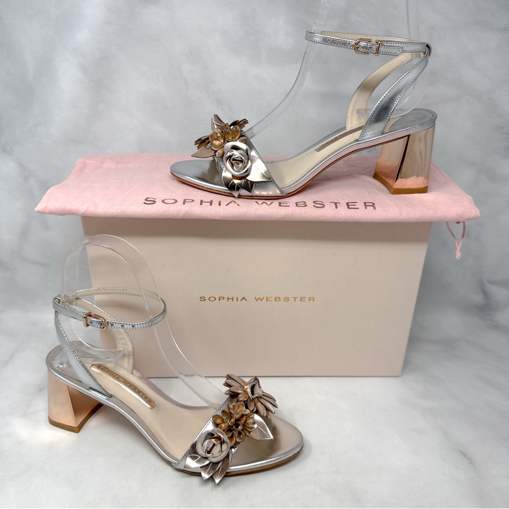 Sophia Webster Lilico Floral Chrome Metallic Low Mid Height Block Heel Sandal 37